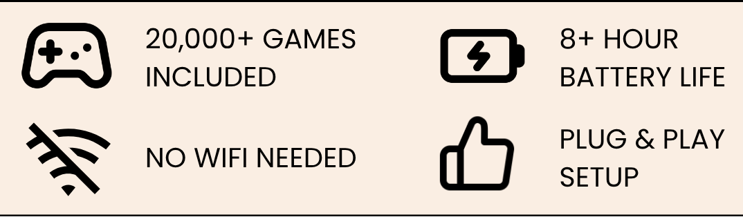 List of features including games included, battery life, no WiFi needed, and plug & play setup on a black background.