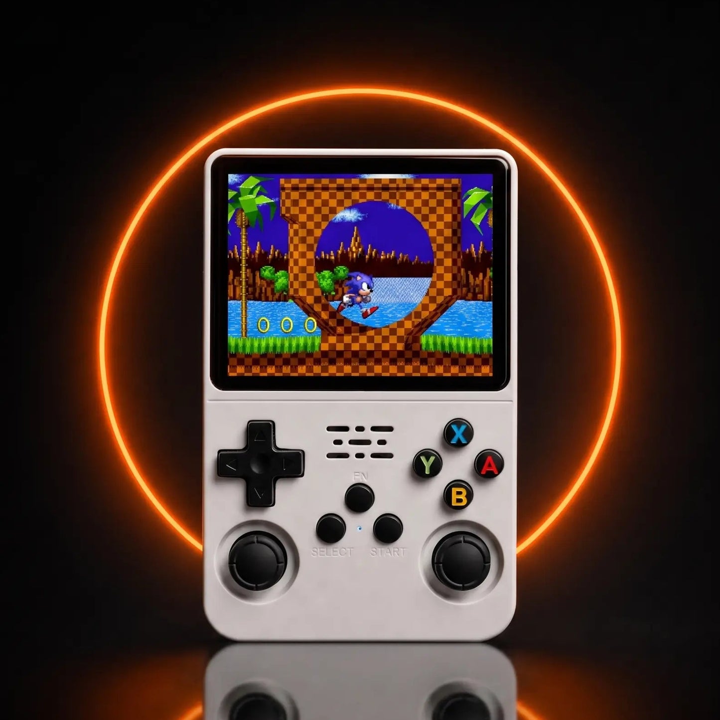 Handheld gaming console with a classic game displayed on the screen, surrounded by a glowing orange circle on a black background.